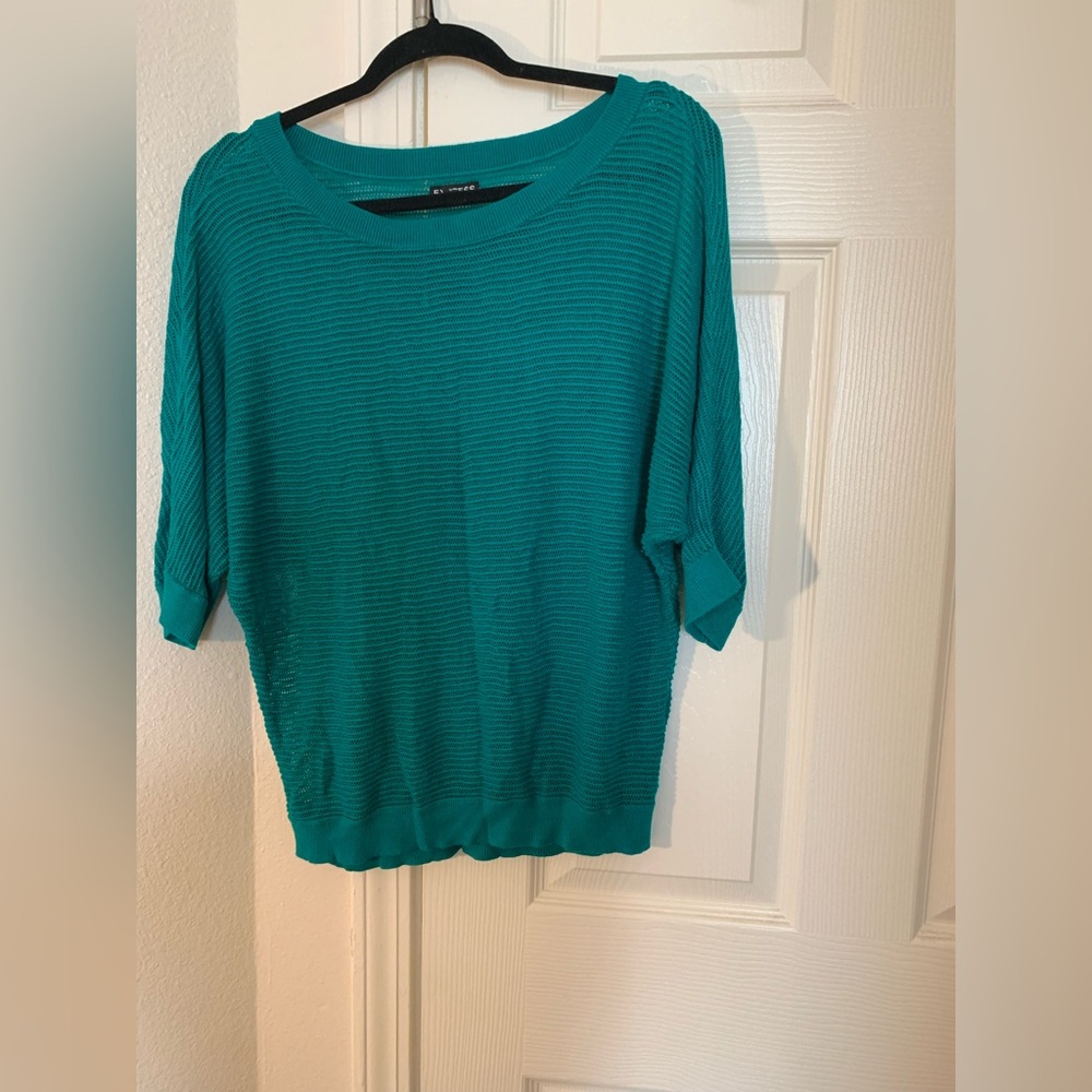 Express Green Crew Neck Sweater with Ribbed Hem